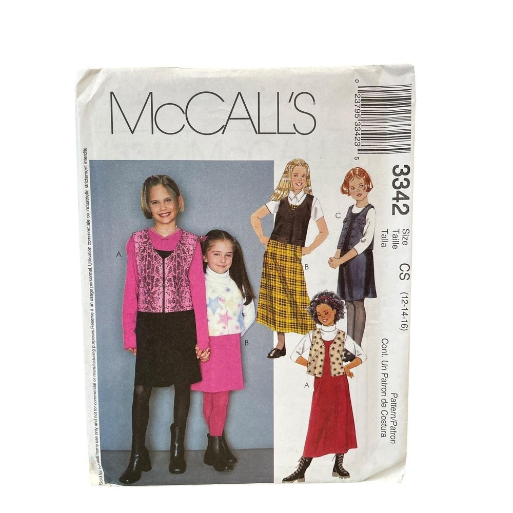 McCalls Sewing Pattern Girls 12-16 3342 Jumper Vest Unlined Zipper Button 2000s